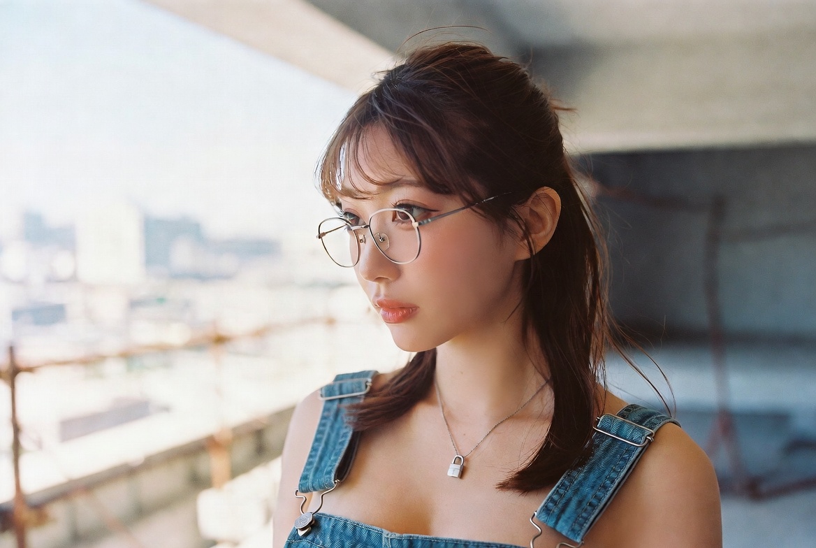 高楼边缘浅蓝背带裤日韩知性女模特 / Japanese Korean Model Denim Overalls High Rise Portrait，角色设计，35mm、人像、电影感，案例输出图 2
