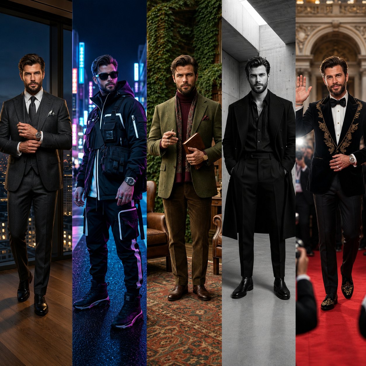 好莱坞型男多板块奢侈时尚大片 / Hollywood Male Luxury Fashion Editorial Consistency,角色设计,电影感、时尚、角色,案例输出图 1