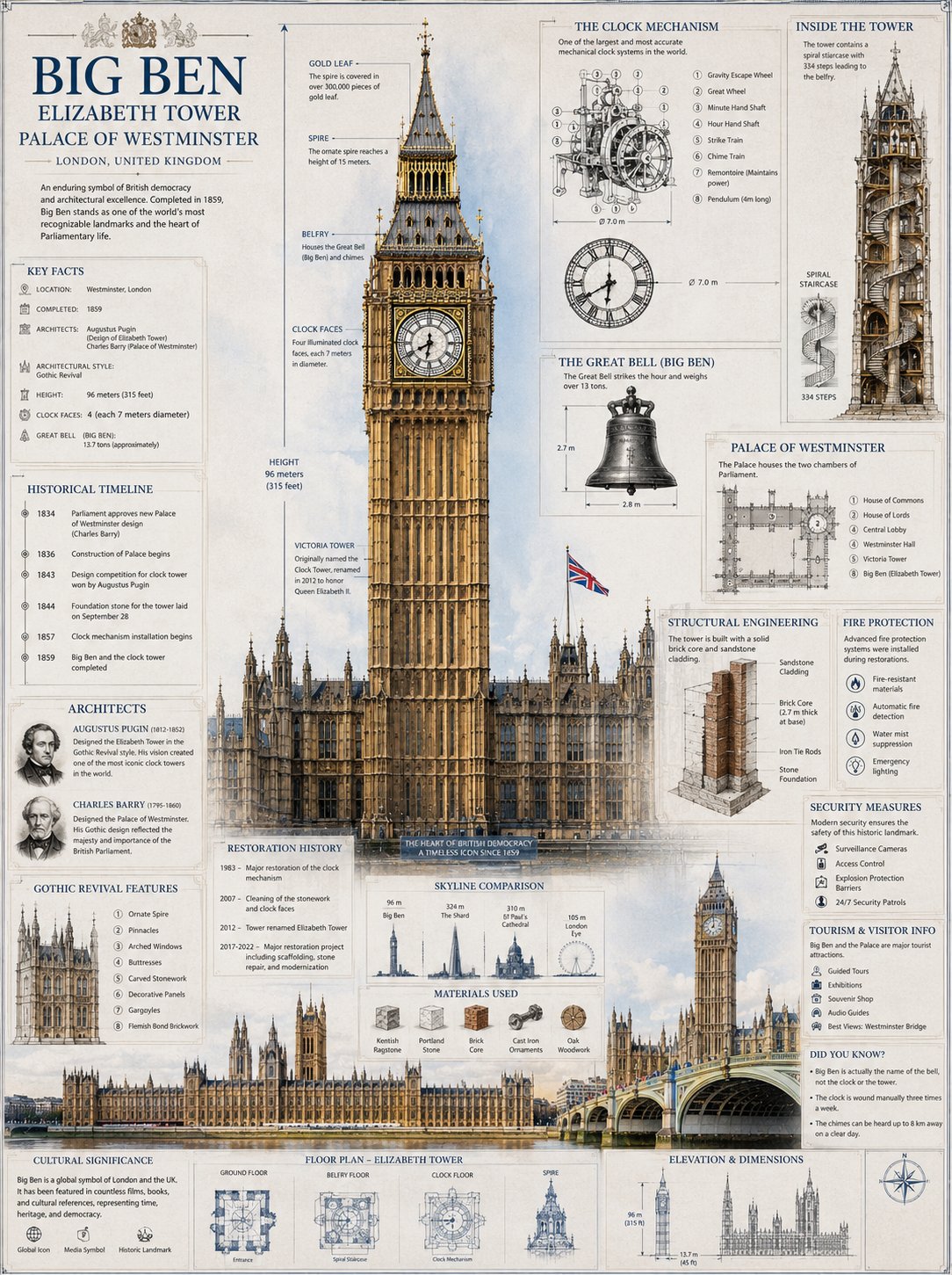 伦敦大本钟与威斯敏斯特宫建筑蓝图 / Big Ben Palace Of Westminster Architectural Blueprint，模型对比与社区，电影感、UI、城市视觉，案例输出图 1