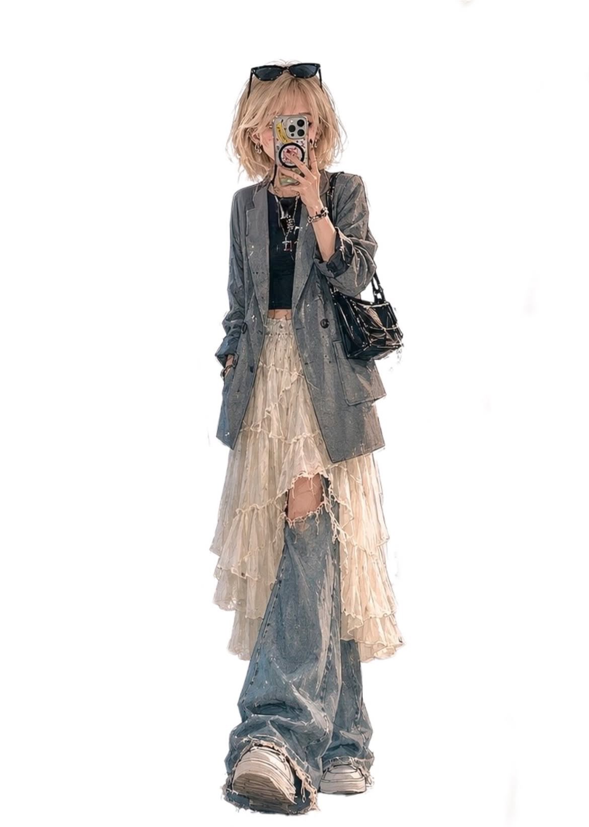 极简白底动漫时尚女孩镜前自拍 / Stylish Anime Fashion Girl Mirror Selfie Streetwear，角色设计，人像、时尚、插画，案例输出图 1