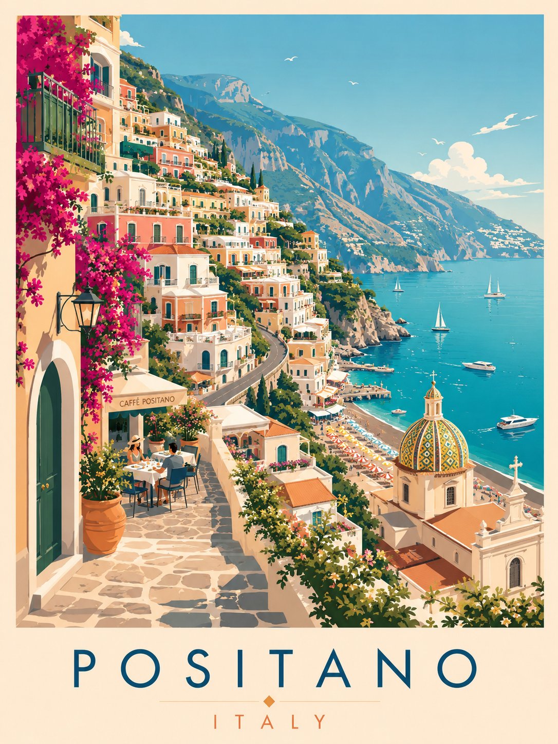 复古水彩意大利波西塔诺旅行海报 / Vintage Watercolor Positano Italy Travel Poster,人像与摄影,人像、电影感、海报,案例输出图 1
