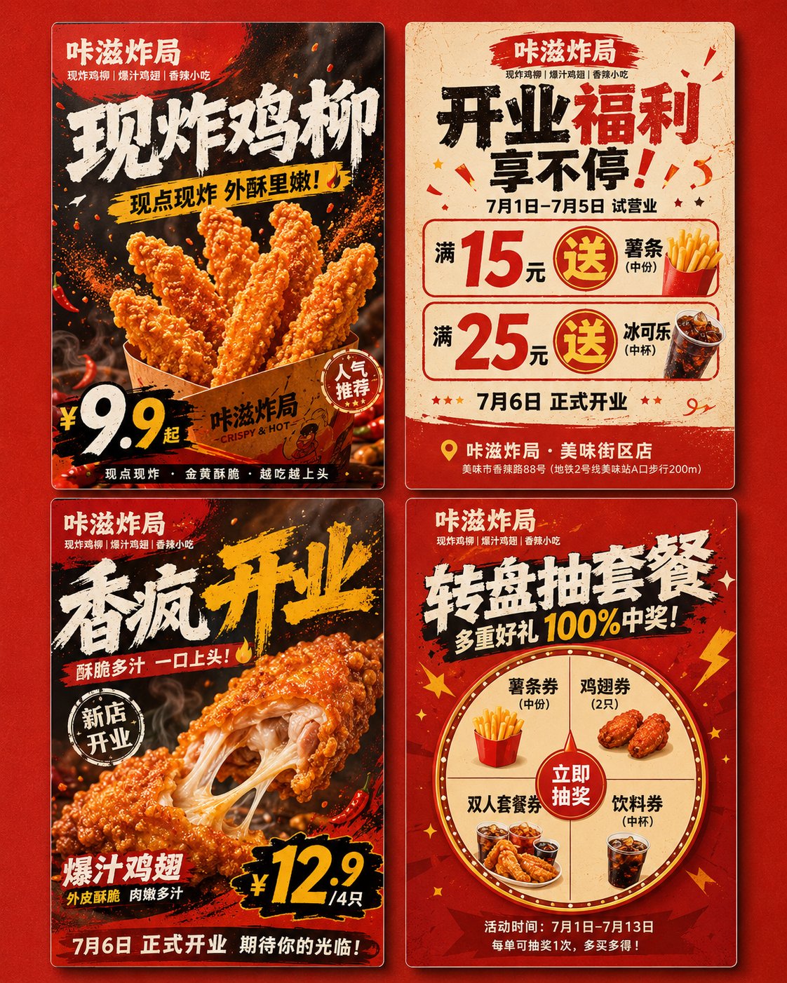 本地生活门店开业营销海报四图生成 / Local Life Store Opening Marketing Posters，模型对比与社区，海报、角色、排版，案例输出图 2