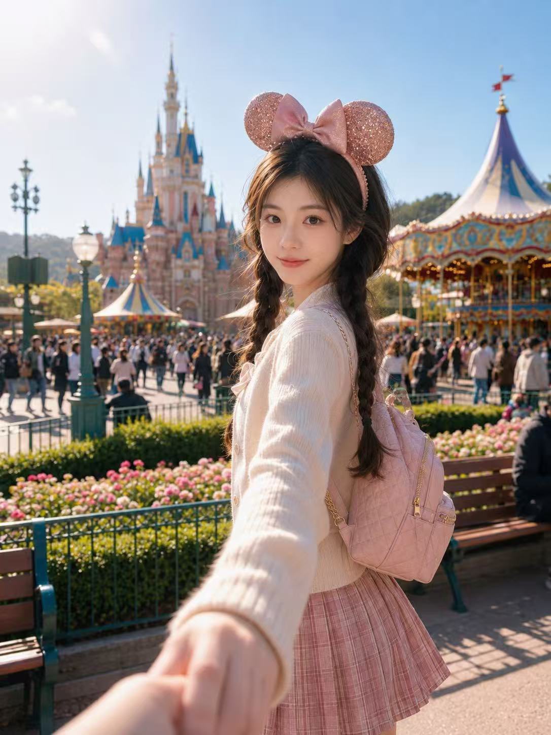 梦幻游乐园追随我视角写实人像 / Realistic Theme Park Follow Me Portrait，角色设计，人像、电影感、时尚，案例输出图 1