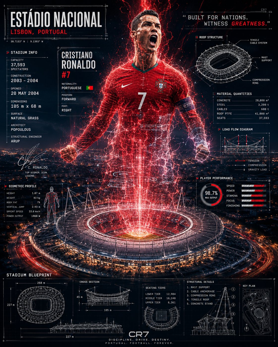 超豪华电影感足球场全息海报提示词 / Cinematic Football Stadium Holographic Infographic Poster，人像与摄影，人像、电影感、时尚，案例输出图 1
