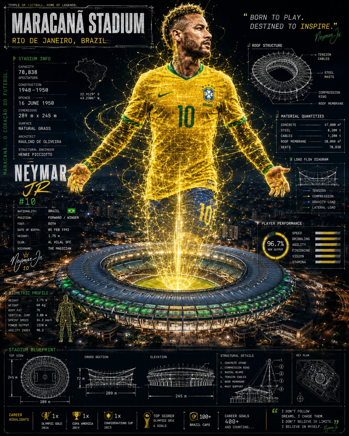 超豪华电影感足球场全息海报提示词 / Cinematic Football Stadium Holographic Infographic Poster，人像与摄影，人像、电影感、时尚，案例输出图 2