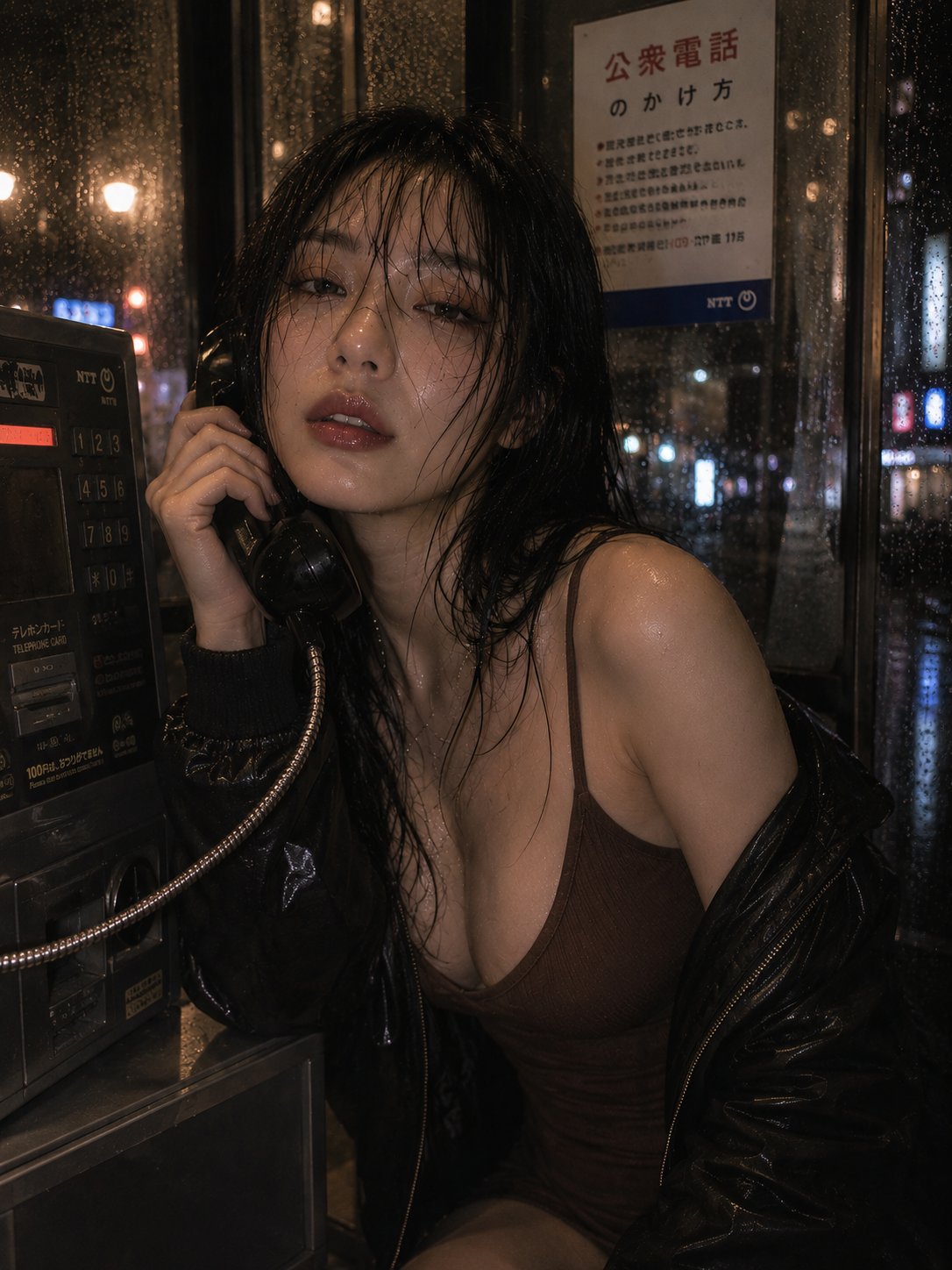 雨夜电话亭微醺日系私房写真 / Rainy Night Phone Booth Japanese Style Portrait，角色设计，35mm、霓虹、人像，案例输出图 1