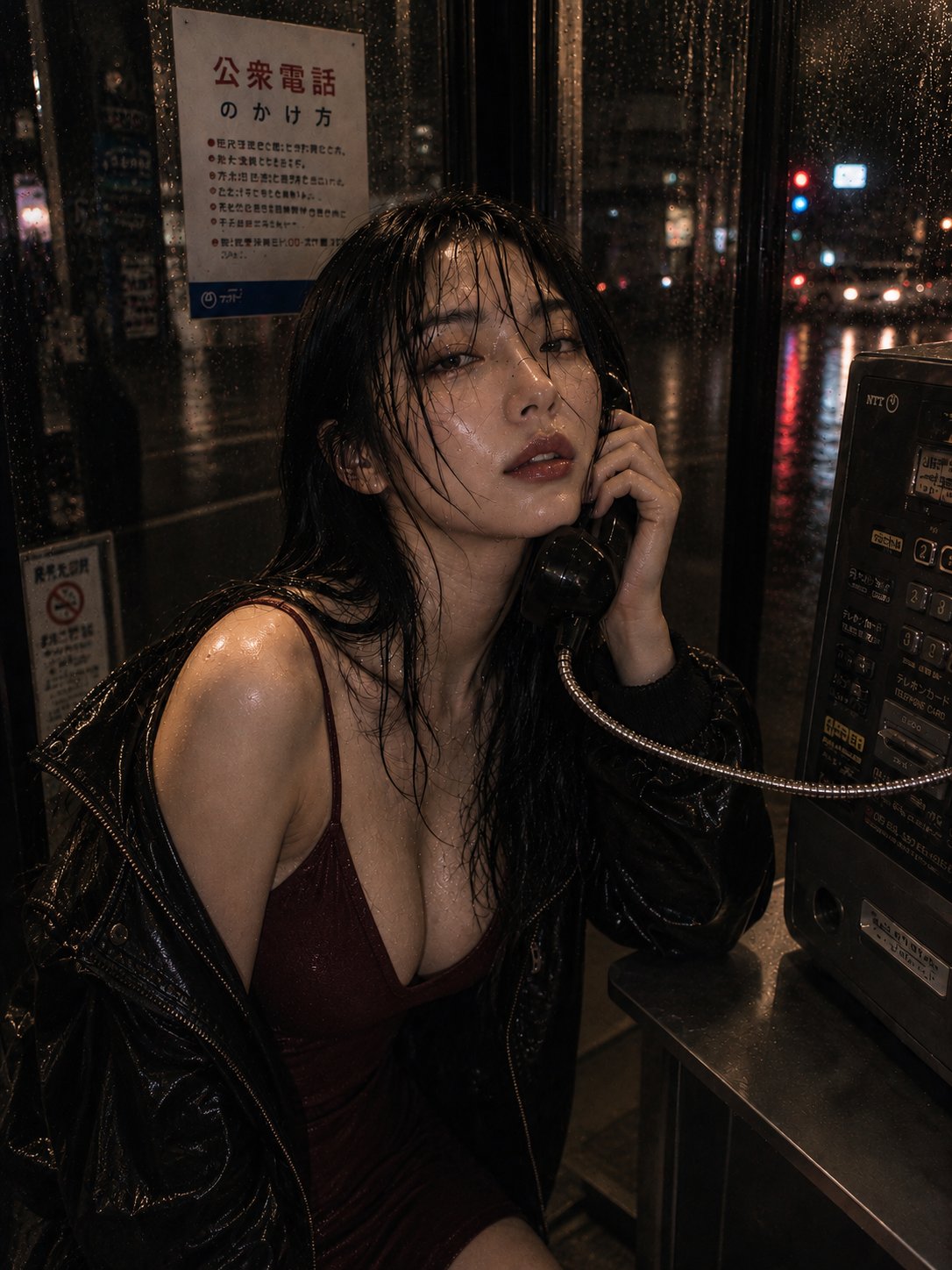 雨夜电话亭微醺日系私房写真 / Rainy Night Phone Booth Japanese Style Portrait，角色设计，35mm、霓虹、人像，案例输出图 2