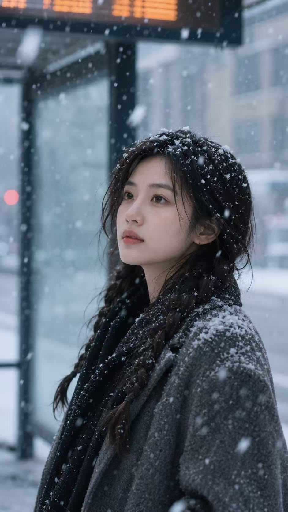 冬季雪景都市车站电影感人物肖像 / Winter Snowy Urban Station Cinematic Portrait,角色设计,人像、电影感、插画,案例输出图 1