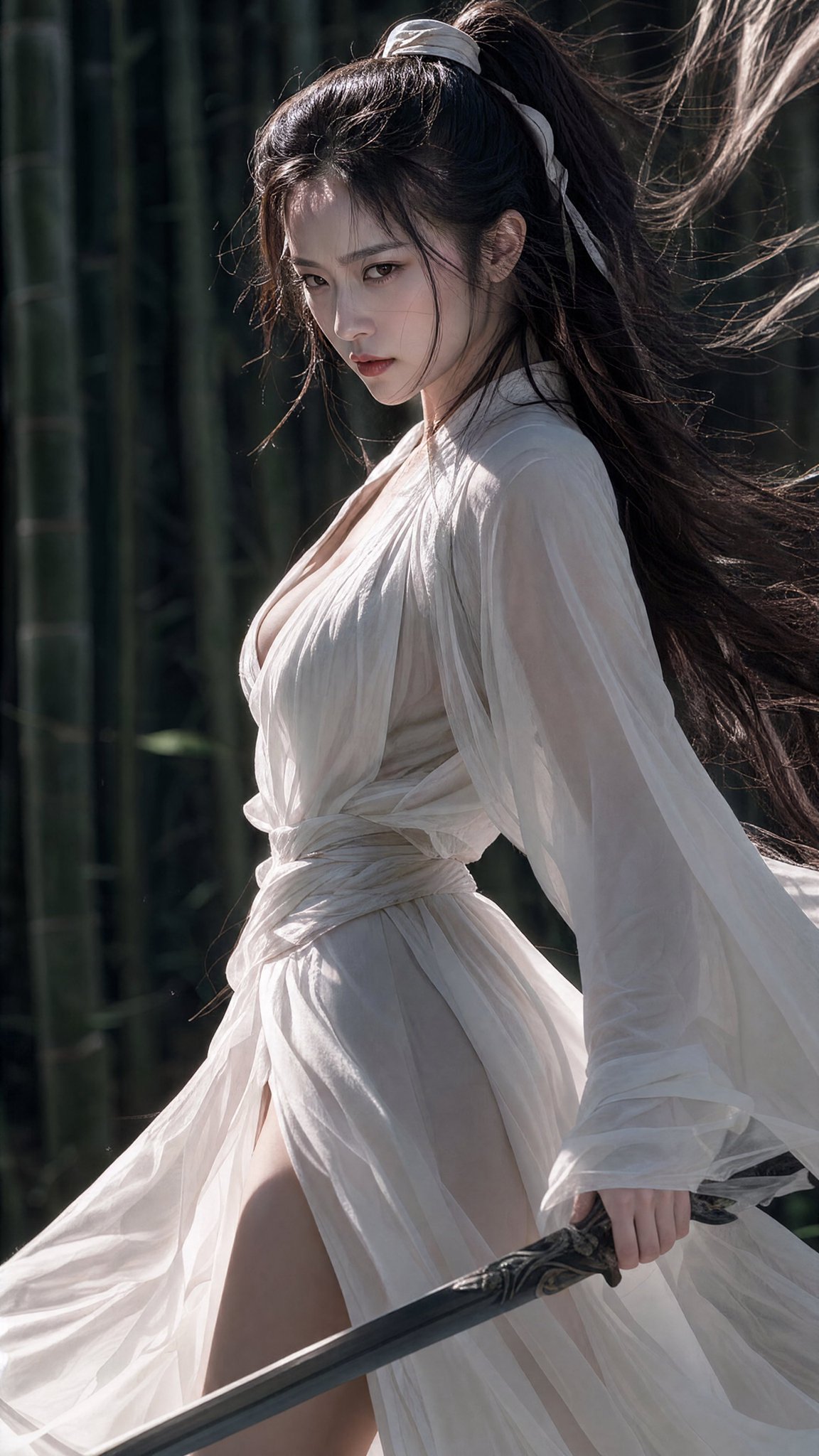 竹林白衣持剑古风女侠写实电影感写真 / Native 4k Vertical Cinematic Ancient Chinese Swordswoman Bamboo Forest,人像与摄影,人像、电影感、竖版,案例输出图 1