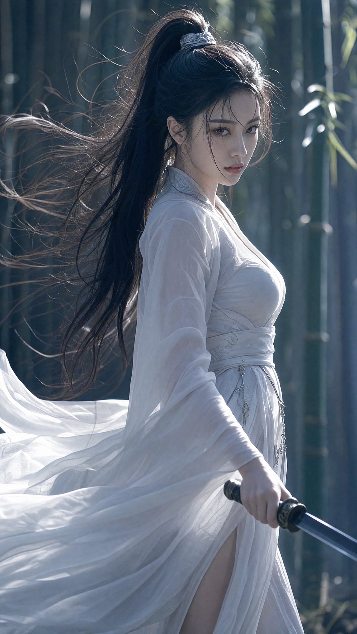 竹林白衣持剑古风女侠写实电影感写真 / Native 4k Vertical Cinematic Ancient Chinese Swordswoman Bamboo Forest，人像与摄影，人像、电影感、竖版，案例输出图 2
