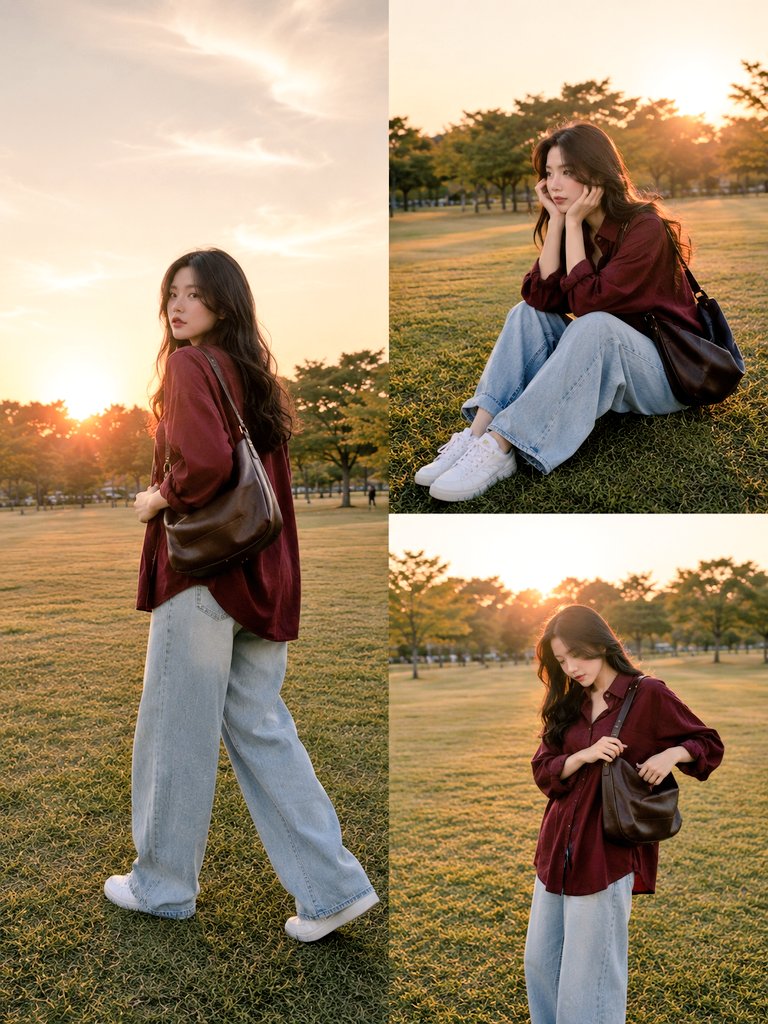 公园金黄落日韩系时尚穿搭拼贴 / Ultra Realistic Lifestyle Fashion Collage Korean Vibe Park Sunset，人像与摄影，人像、电影感、时尚，案例输出图 1