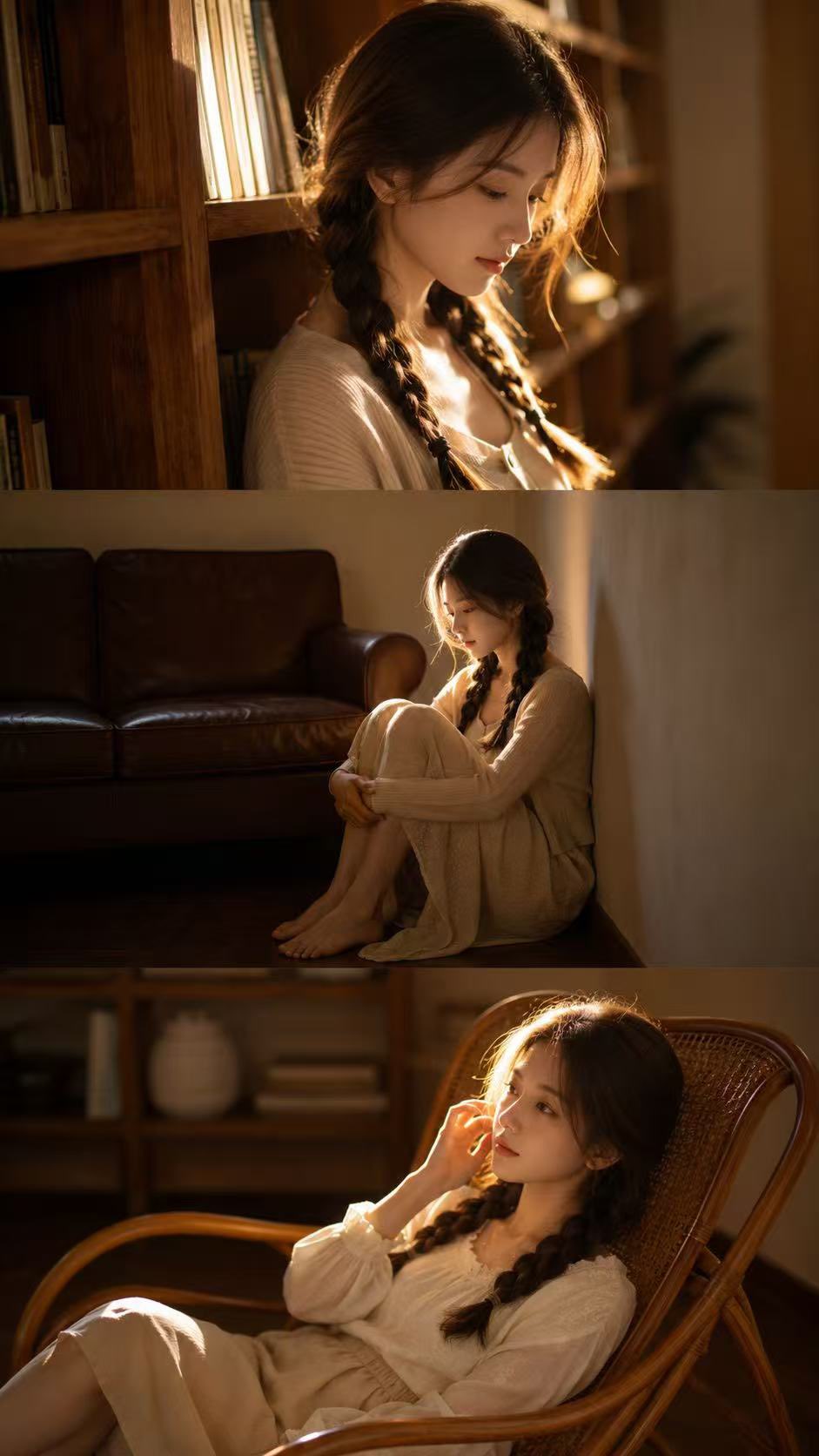 室内暖调电影感三联人像摄影 / Indoor Warm Cinematic Triple Portrait Story,角色设计,35mm、人像、电影感,案例输出图 1
