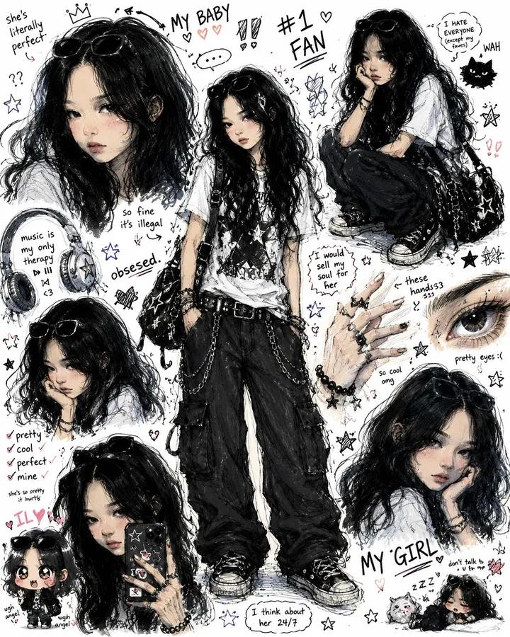 凌乱黑发Y2K少女动漫涂鸦角色设定集 / Anime Doodle Alt Girl Character Study Y2k，角色设计，角色、二次元、角色设计，案例输出图 2
