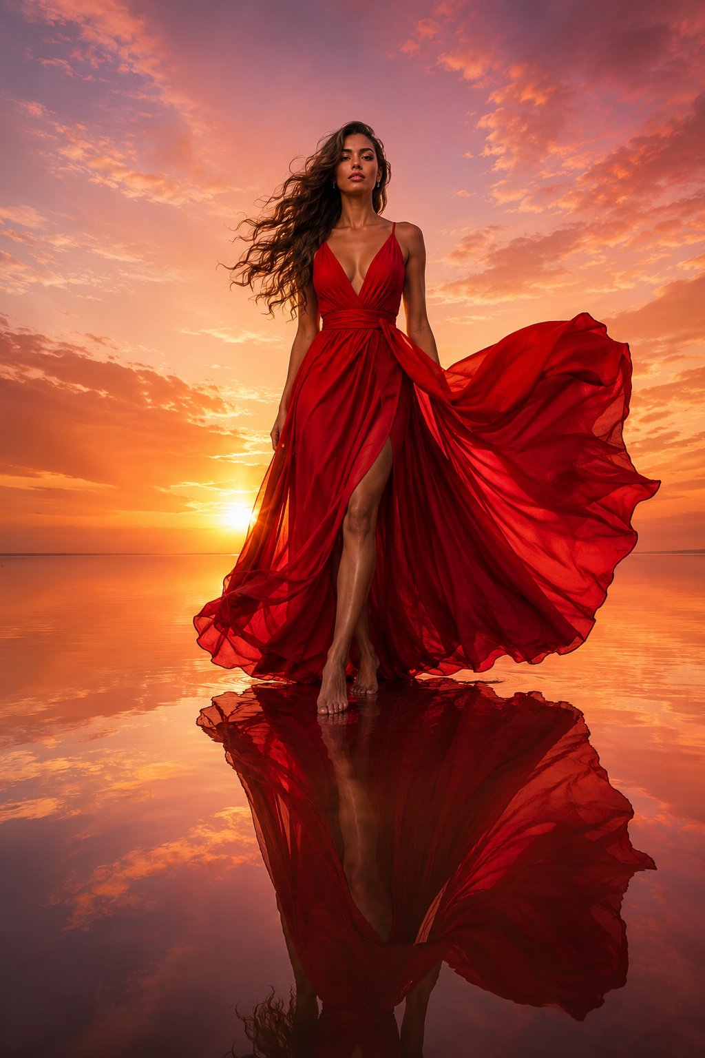 奢华深红长裙夕阳水面超写实时尚大片 / The Red Dress Luxury Fashion Sunset Water Prompt,人像与摄影,人像、电影感、时尚,案例输出图 1