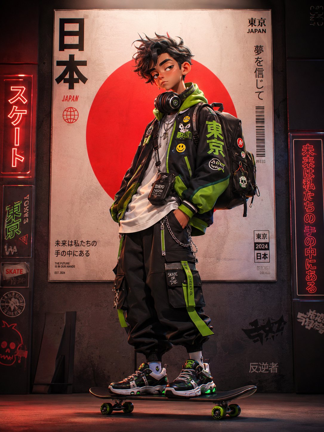赛博朋克东京街头潮酷滑板少女人像 / Cyberpunk Anime Streetwear Japanese Skater Girl Tokyo,角色设计,霓虹、人像、电影感,案例输出图 1