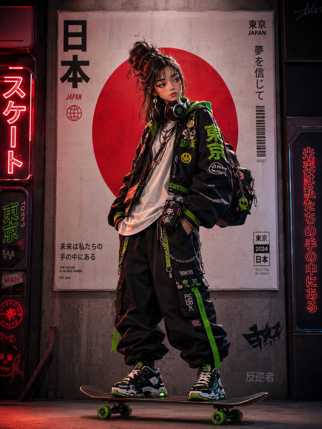 赛博朋克东京街头潮酷滑板少女人像 / Cyberpunk Anime Streetwear Japanese Skater Girl Tokyo，角色设计，霓虹、人像、电影感，案例输出图 2