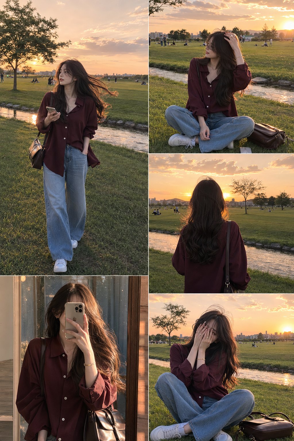 唯美韩风落日公园穿搭五宫格拼贴 / Ultra Realistic Lifestyle Fashion Collage Korean Vibe Park Sunset 1780145400327,人像与摄影,人像、电影感、时尚,案例输出图 1