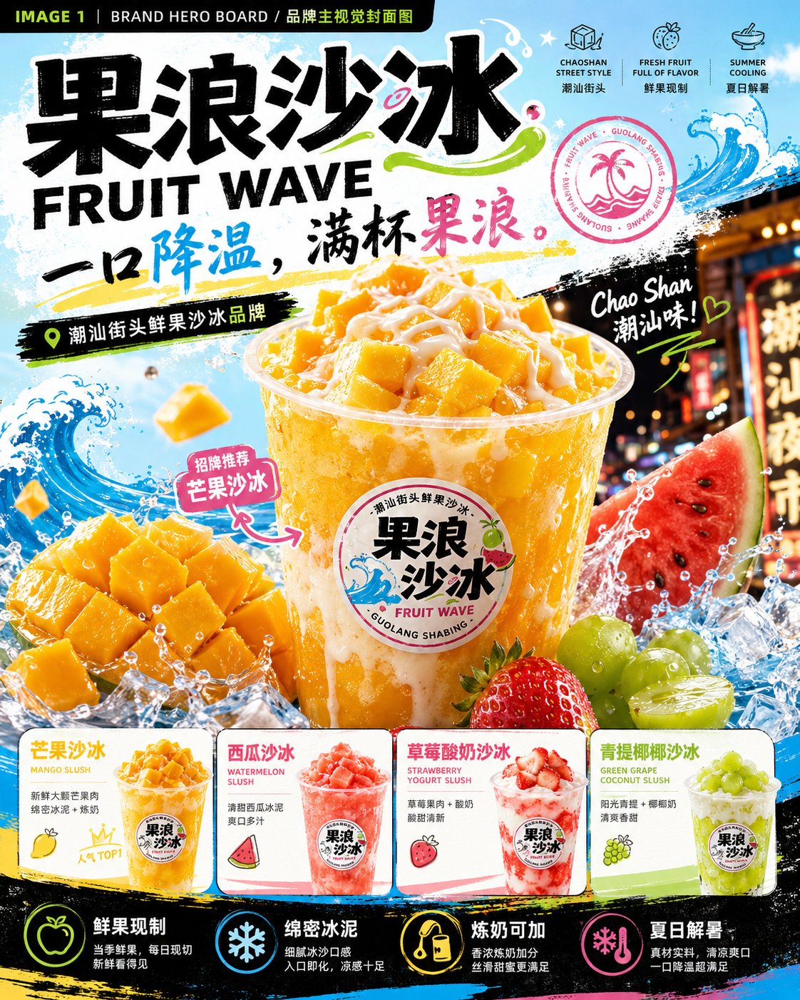 果浪沙冰品牌视觉提案图 / Fruit Wave Brand Visual Identity Proposal,模型对比与社区,35mm、海报、排版,案例输出图 1
