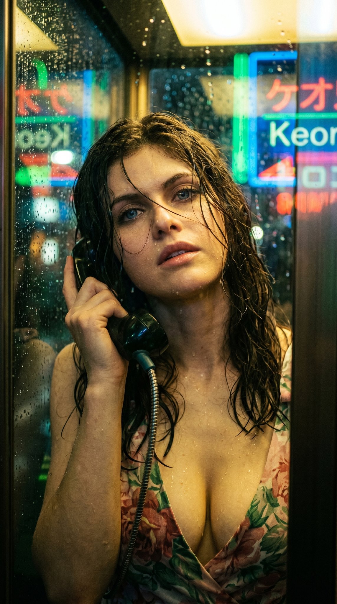 平成后期日系私写真雨中电话亭 / Late Heisei Japanese Photobook Rainy Phone Booth，角色设计，35mm、霓虹、人像，案例输出图 2