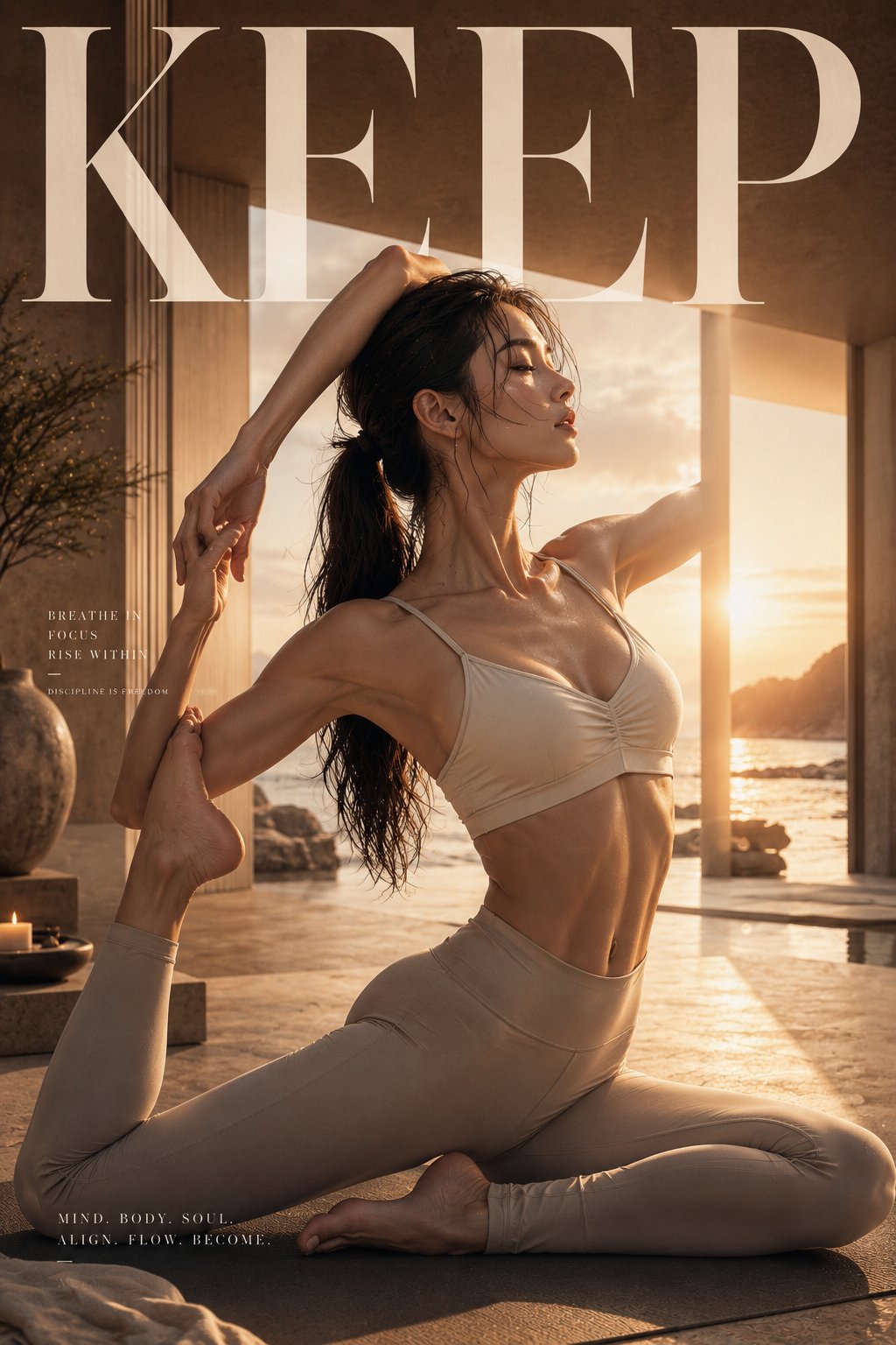 奢华电影感瑜伽时尚海报提示词 / Ultra Luxury Cinematic Yoga Editorial Poster Prompt,角色设计,霓虹、人像、电影感,案例输出图 1