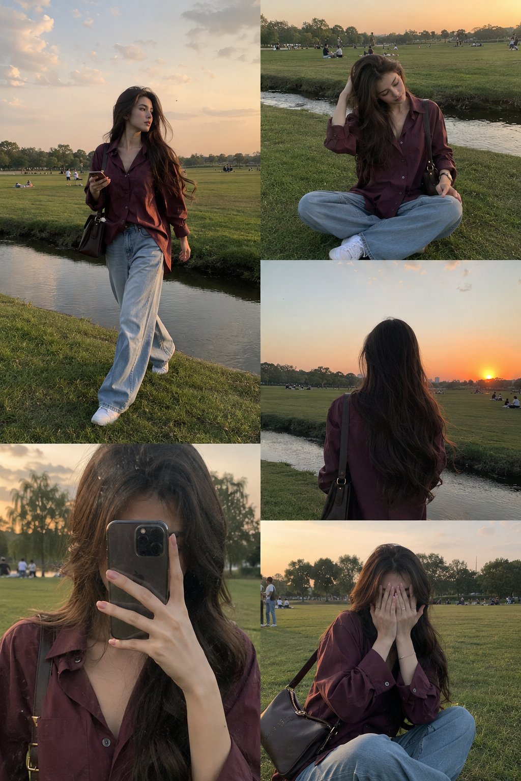 超写实绿地公园韩系穿搭生活拼贴 / Ultra Realistic Lifestyle Fashion Collage Park Sunset,人像与摄影,人像、电影感、时尚,案例输出图 1