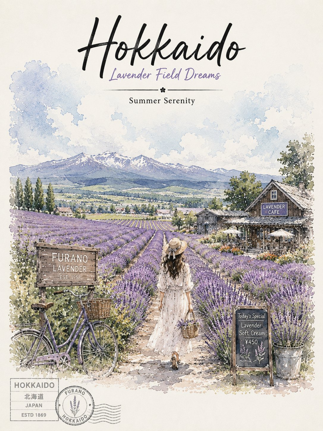 北海道富良野薰衣草复古手绘旅行海报 / Hokkaido Furano Lavender Vintage Travel Poster，人像与摄影，人像、电影感、时尚，案例输出图 2