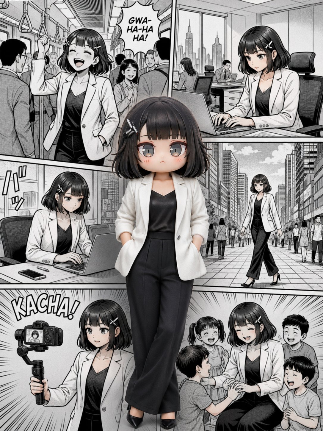 漫画拼贴背景前的职场女性写实人像 / Professional Woman Manga Collage Portrait,模型对比与社区,人像、电影感、时尚,案例输出图 1