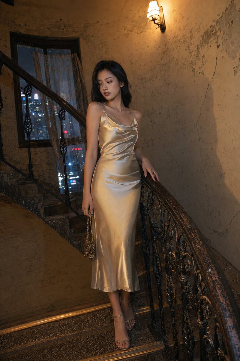 上海石库门古董楼梯香槟丝裙少女人像 / Shanghai Shikumen Vintage Staircase Silk Dress Woman Night,角色设计,35mm、霓虹、人像,案例输出图 1