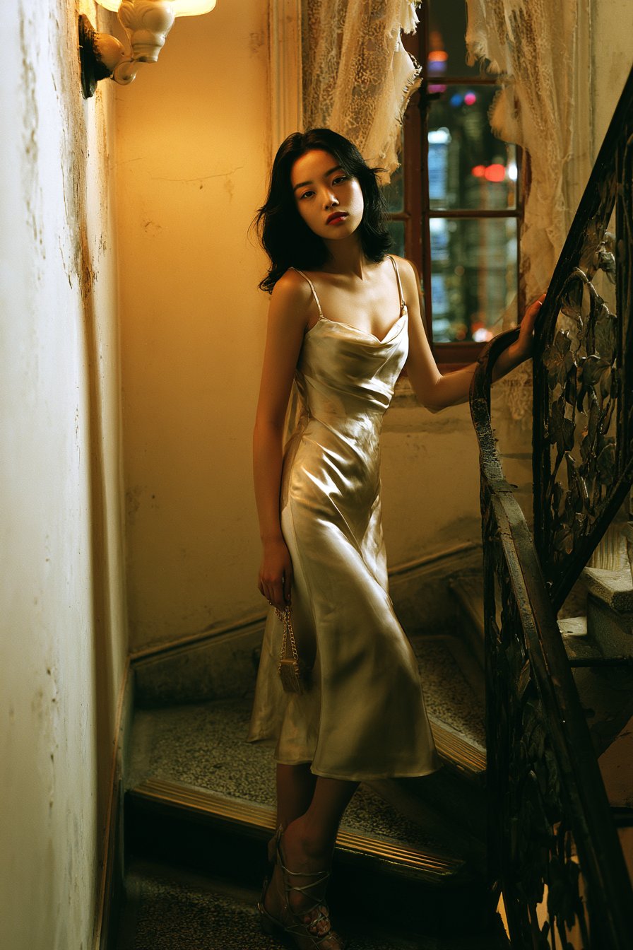上海石库门古董楼梯香槟丝裙少女人像 / Shanghai Shikumen Vintage Staircase Silk Dress Woman Night，角色设计，35mm、霓虹、人像，案例输出图 2