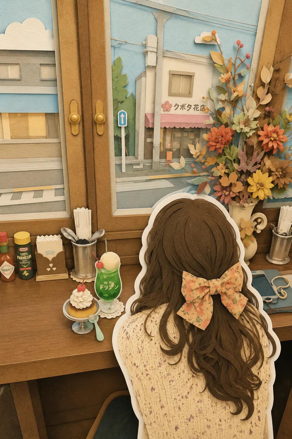 梦幻分层纸雕日系旅行少女插画 / Whimsical Layered Paper Cut Japanese Travel Scene,角色设计,电影感、插画、角色,案例输出图 1