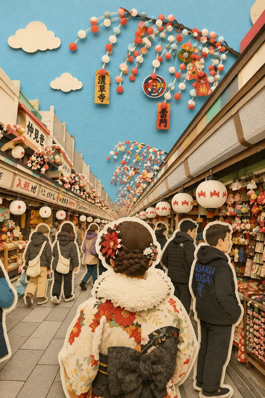 梦幻分层纸雕日系旅行少女插画 / Whimsical Layered Paper Cut Japanese Travel Scene，角色设计，电影感、插画、角色，案例输出图 2