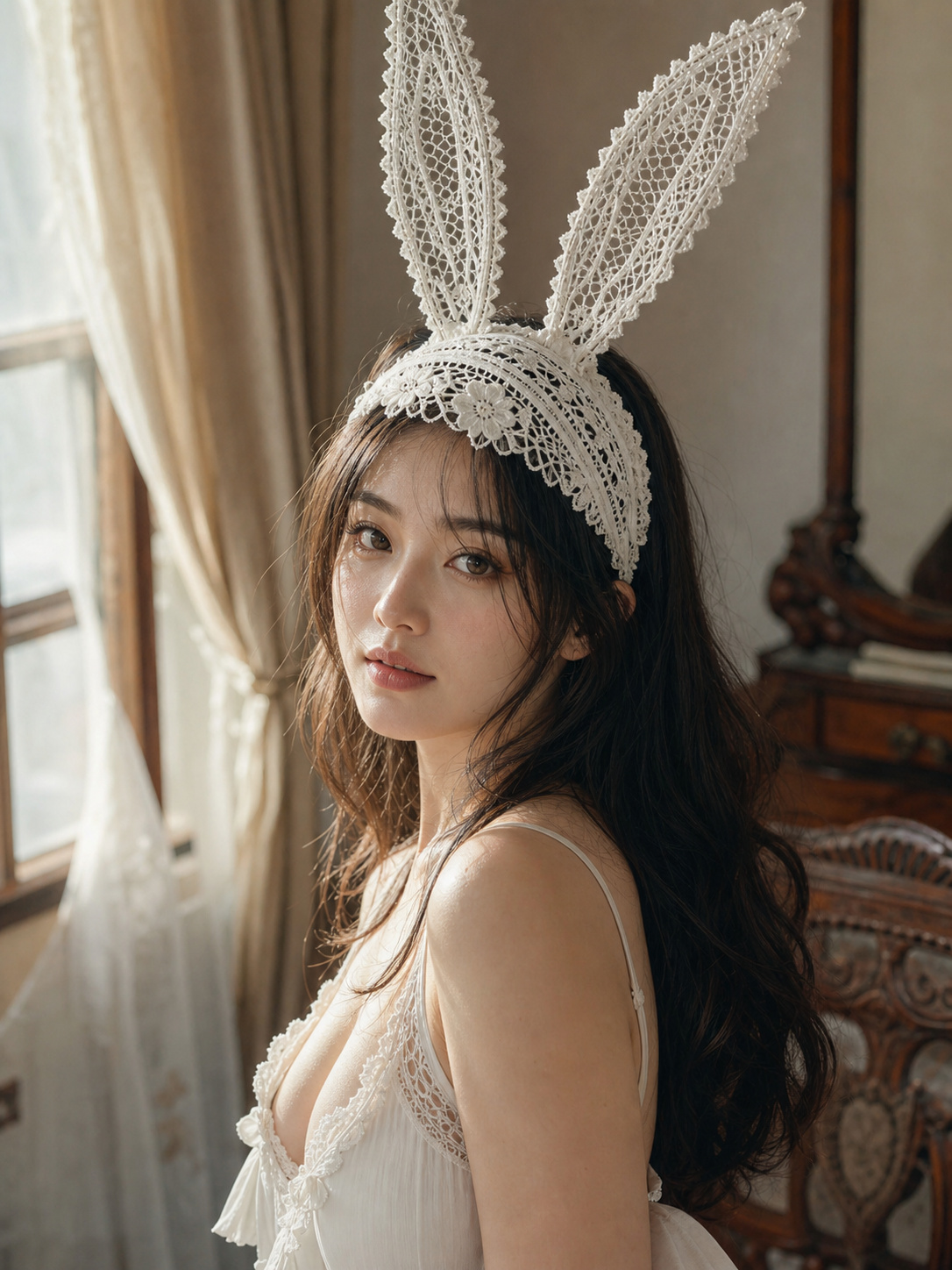 蕾丝兔耳东亚美女精致人像 / East Asian Beauty Lace Bunny Ears Portrait,人像与摄影,人像、电影感、品牌,案例输出图 1