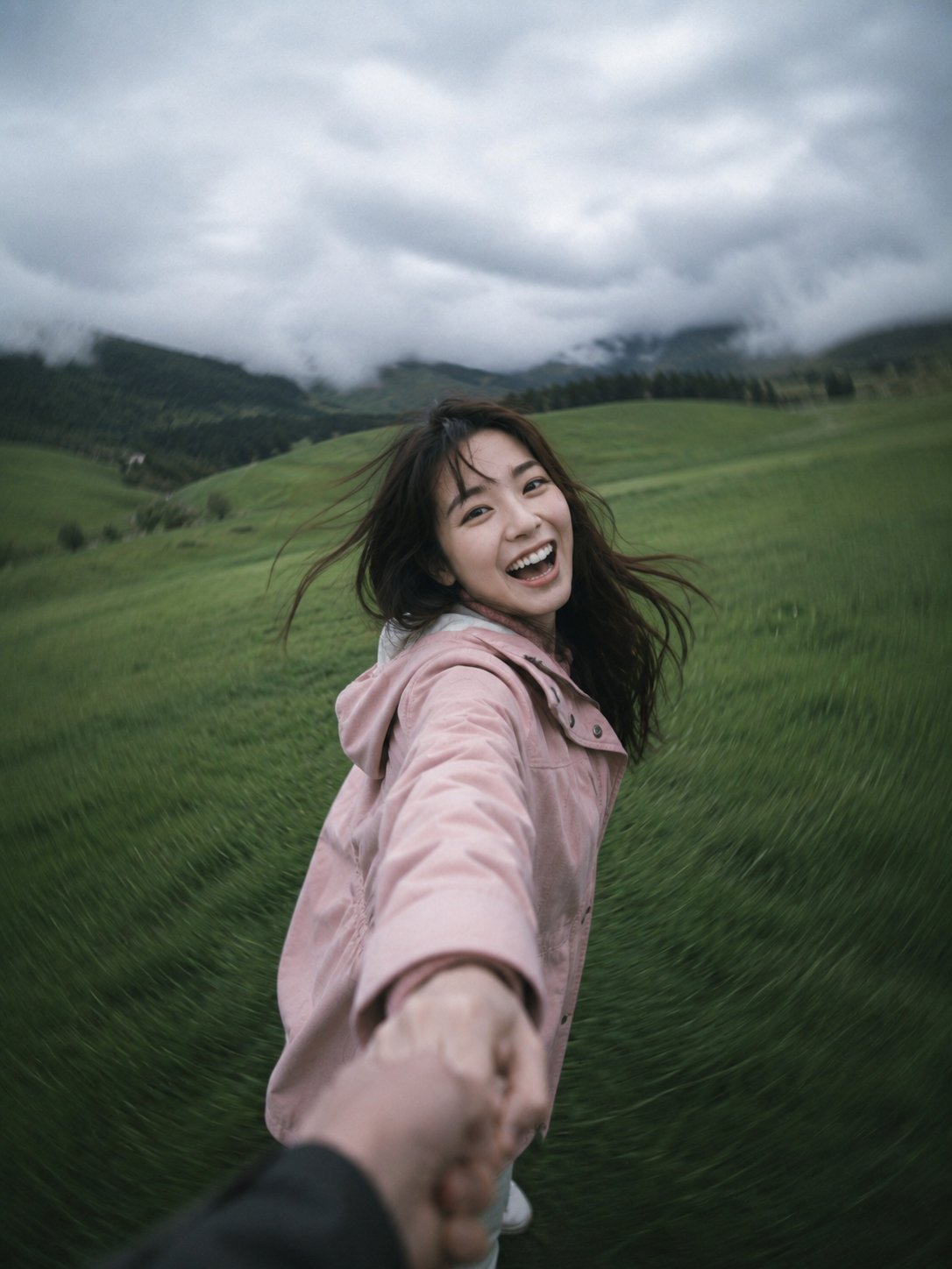 草地旋转牵手第一视角写实摄影 / Ultra Realistic Candid Spinning Holding Hands Grass Field,人像与摄影,人像、电影感、城市视觉,案例输出图 1