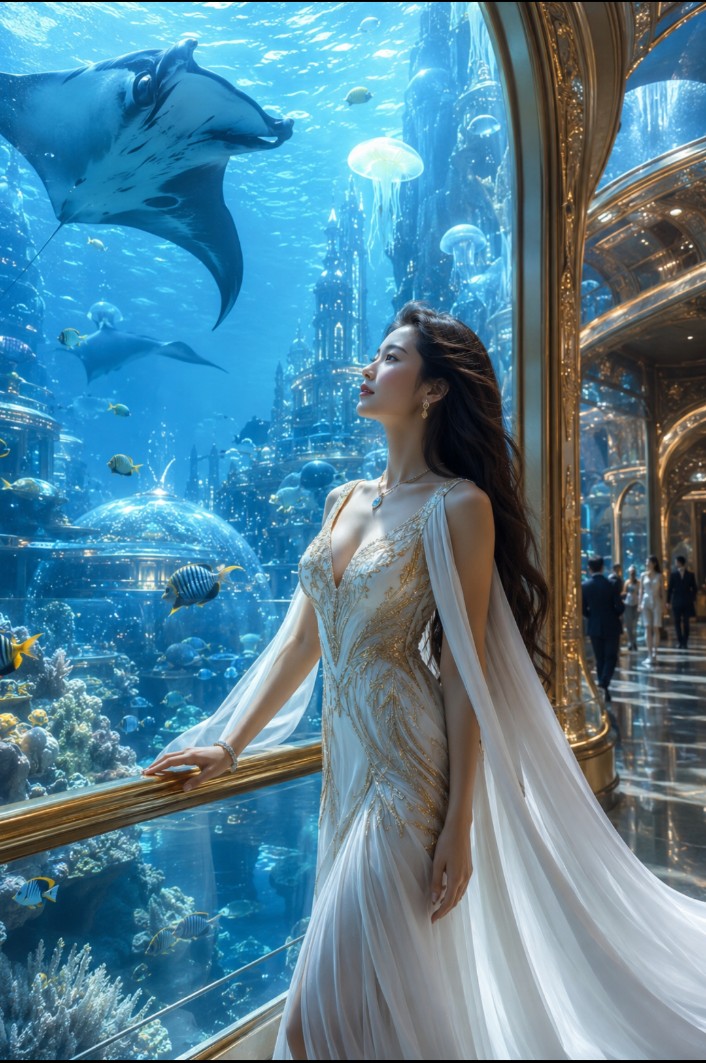 奢华未来主义水族城市女性人像 / Luxury Futuristic Aquarium City Portrait,人像与摄影,人像、电影感、时尚,案例输出图 1