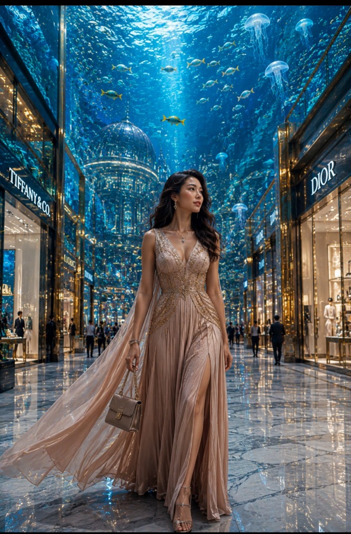 奢华未来主义水族城市女性人像 / Luxury Futuristic Aquarium City Portrait，人像与摄影，人像、电影感、时尚，案例输出图 2