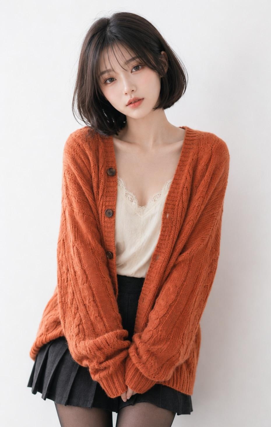 棕色波波头女性精致韩系人像 / Woman Orange Cardigan Brown Bob Korean Portrait，人像与摄影，人像、电影感、时尚，案例输出图 1