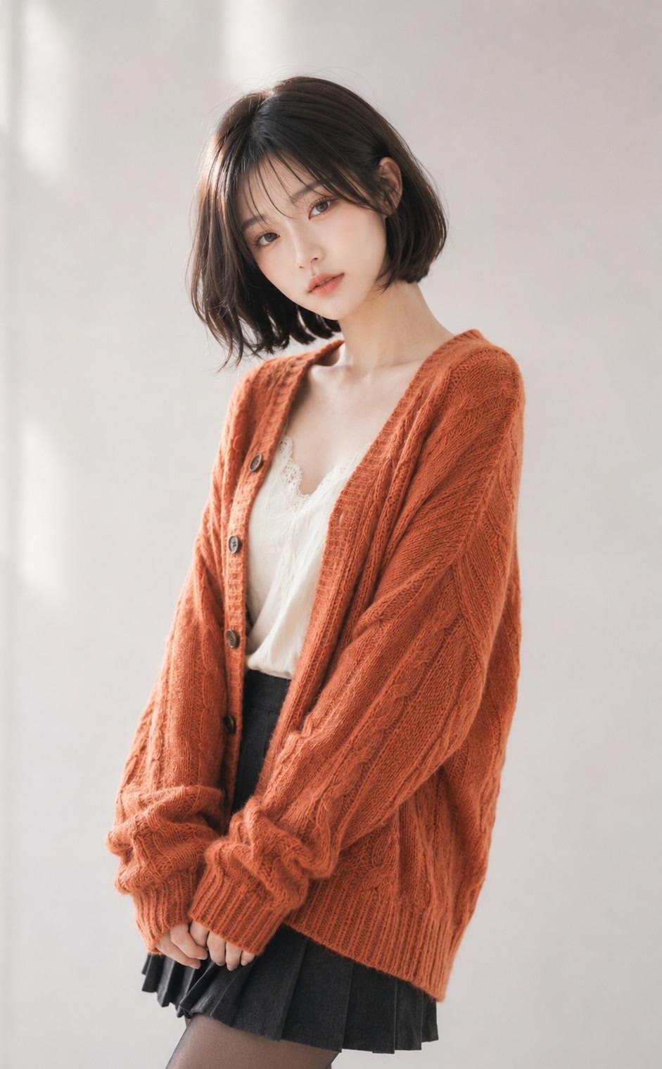 棕色波波头女性精致韩系人像 / Woman Orange Cardigan Brown Bob Korean Portrait，人像与摄影，人像、电影感、时尚，案例输出图 2