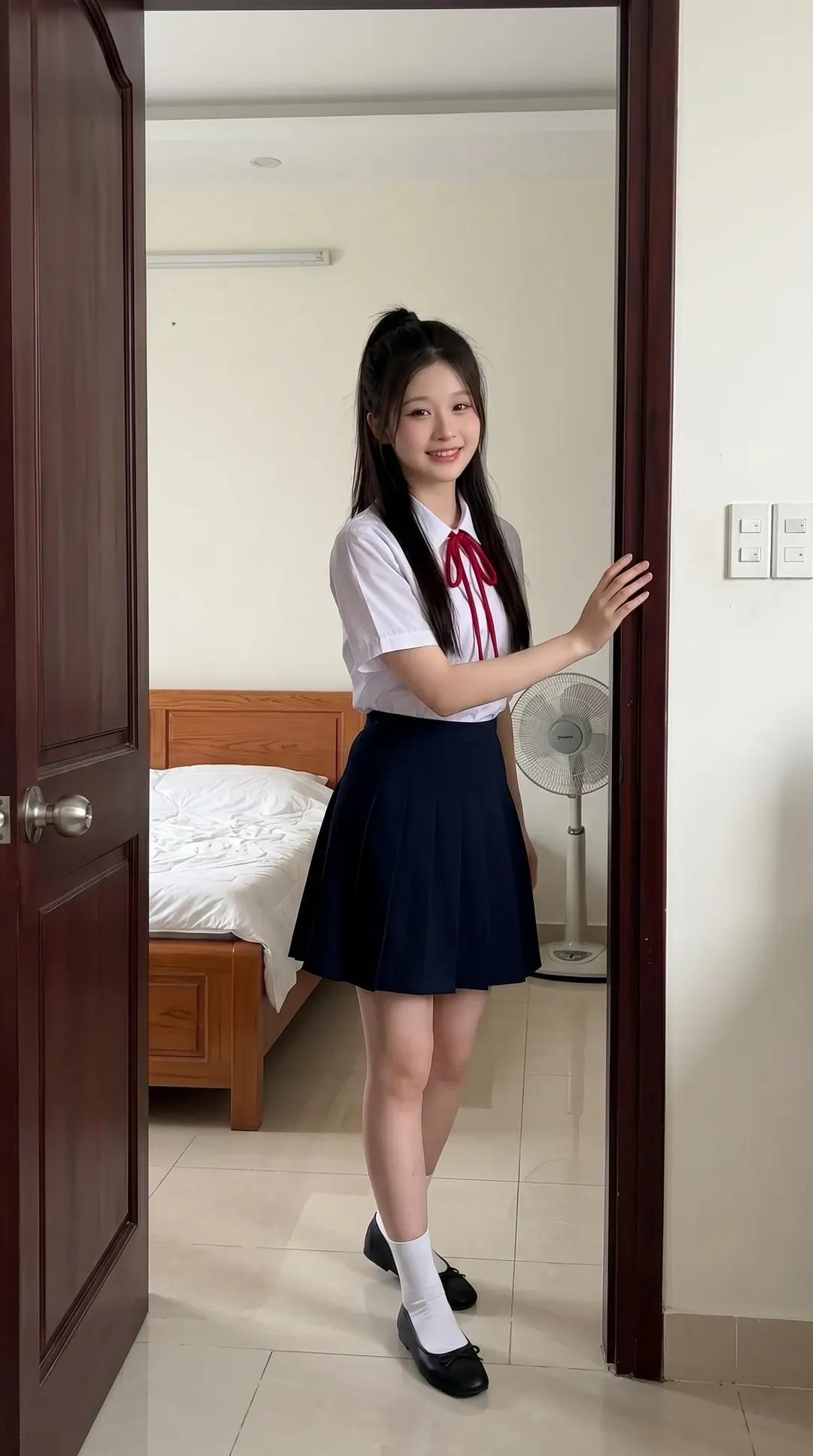 越南卧室东亚女学生智能手机纪实摄影 / Ultra Realistic Vietnamese Bedroom Schoolgirl Smartphone Photo,UI 与社交媒体截图,35mm、电影感、UI,案例输出图 1