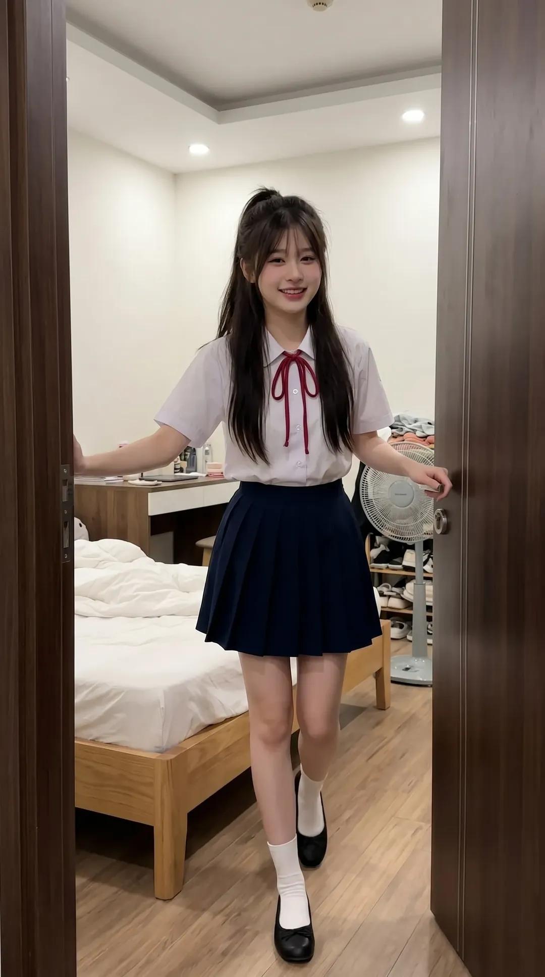 越南卧室东亚女学生智能手机纪实摄影 / Ultra Realistic Vietnamese Bedroom Schoolgirl Smartphone Photo，UI 与社交媒体截图，35mm、电影感、UI，案例输出图 2