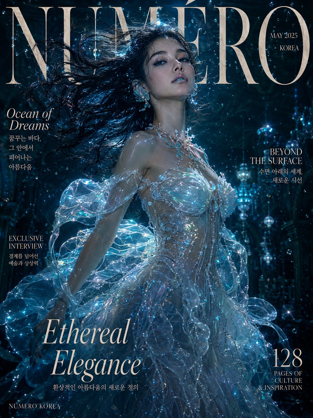 超写实幻想杂志封面水母长裙韩国女性 / Ultra Realistic Fantasy Editorial Magazine Cover Jellyfish Gown Korean Woman，角色设计，电影感、时尚、角色，案例输出图 1