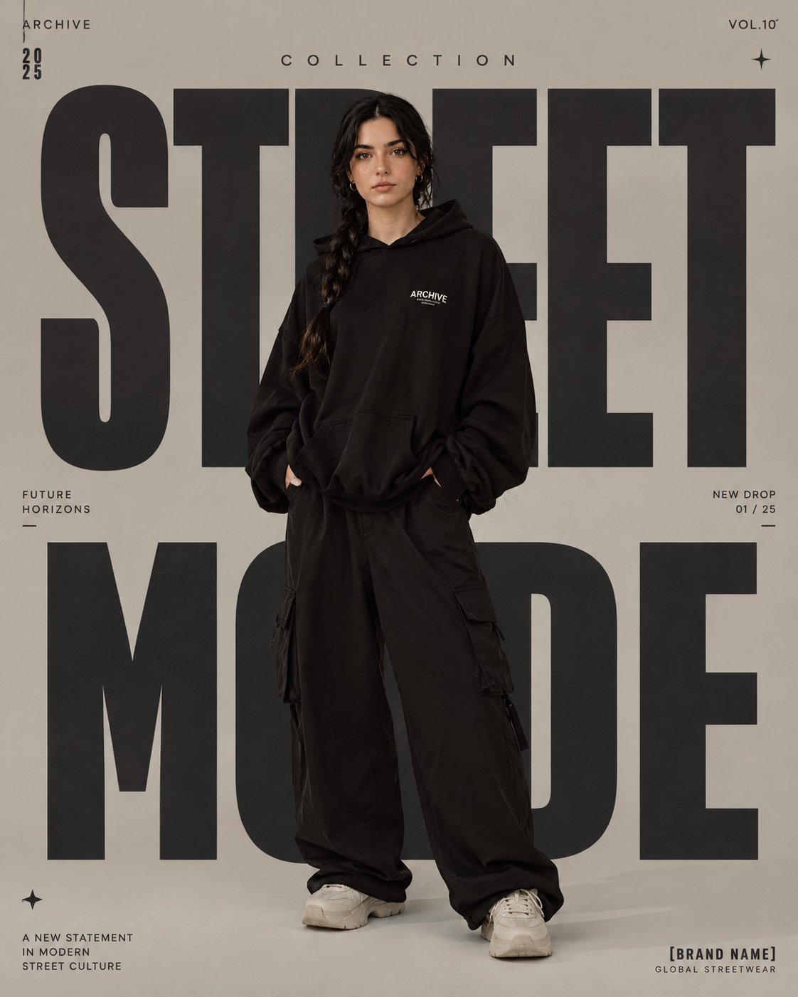 高级街头时尚画报编辑风格海报设计 / Premium High Fashion Editorial Poster Prompt,人像与摄影,人像、时尚、海报,案例输出图 1