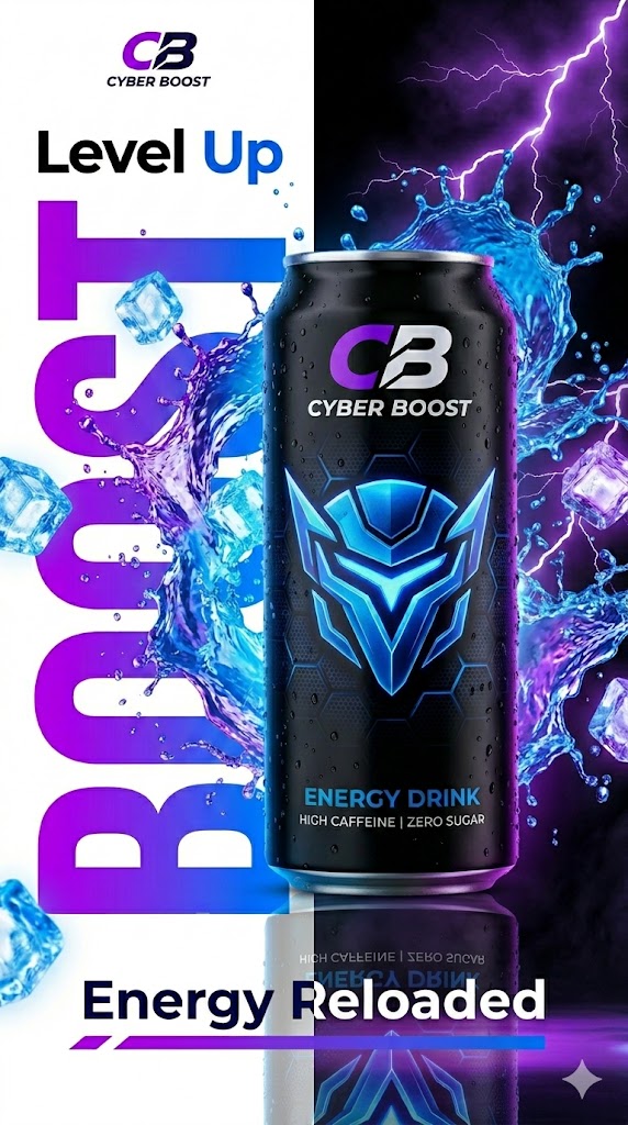 赛博能量饮料未来感广告海报 / Cyber Boost Energy Drink Futuristic Poster,人像与摄影,霓虹、人像、电影感,案例输出图 1
