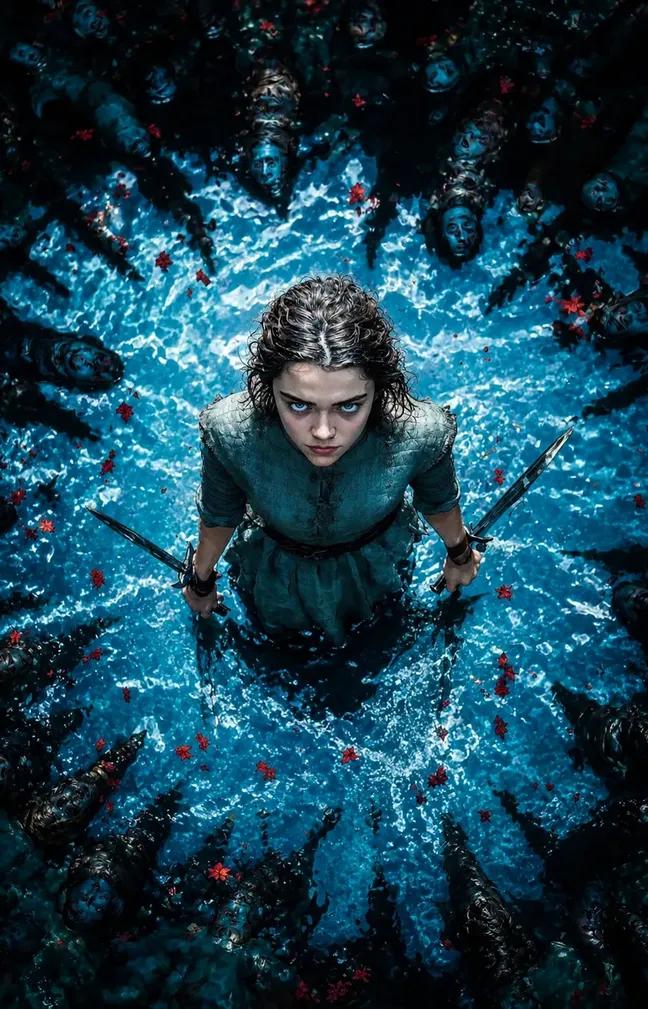 黑暗奇幻俯视水中坚毅女战士 / Dark Fantasy Warrior Woman Icy Water Cinematic Portrait,角色设计,人像、电影感、角色,案例输出图 1