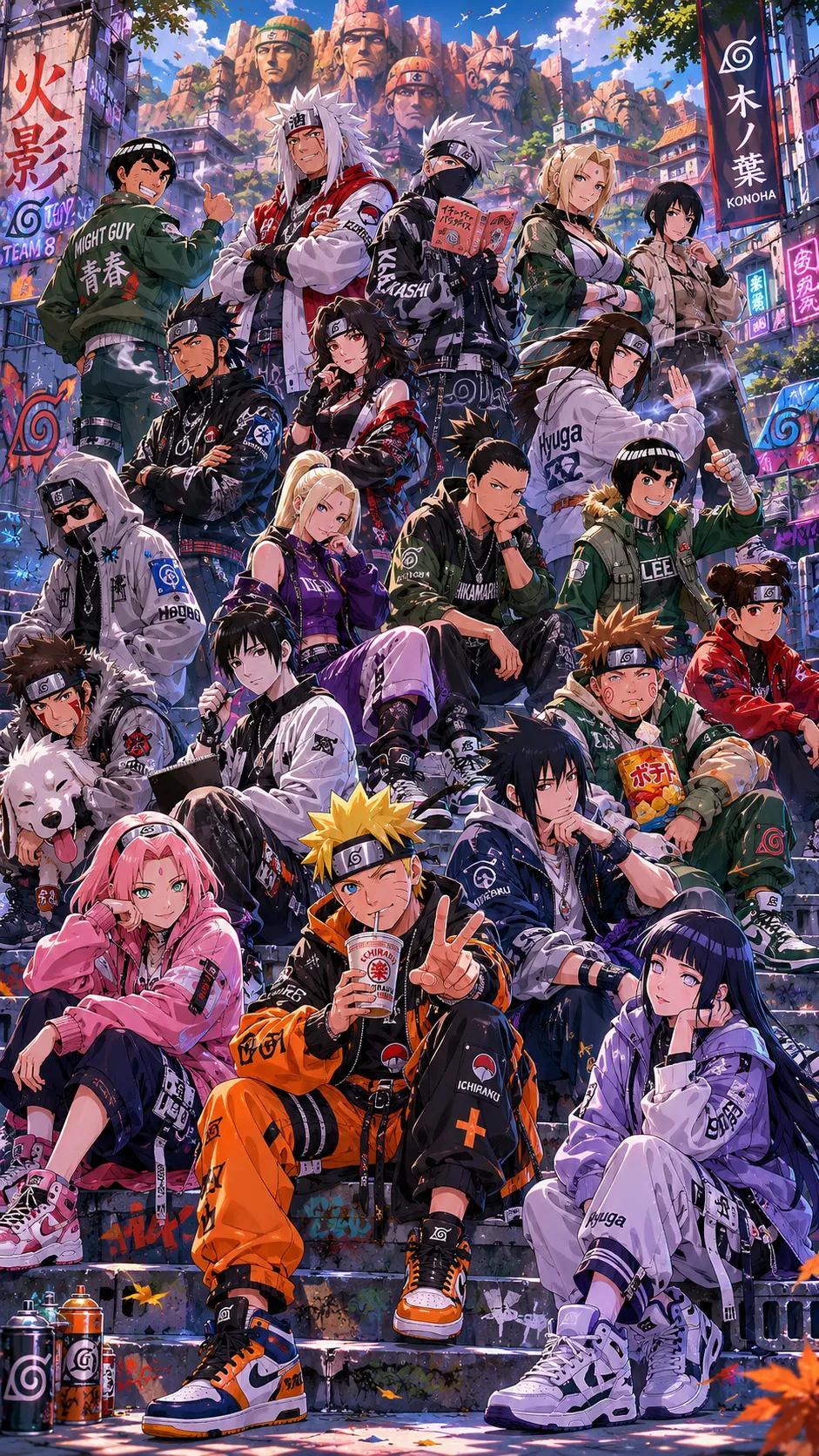 史诗级潮流街头动漫角色大合集 / Epic Anime Crossover Streetwear Squad Portrait，角色设计，霓虹、人像、电影感，案例输出图 2