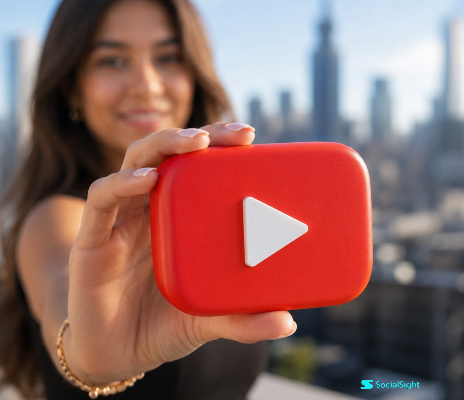 手持3D立体油管图标写实摄影 / Realistic Woman Hand Holding 3d Youtube Logo,人像与摄影,人像、电影感、城市视觉,案例输出图 1