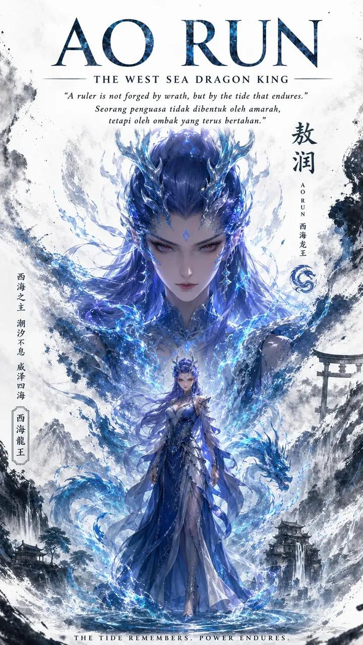 西海龙王敖润史诗奇幻书籍封面 / Ao Run West Sea Dragon King Epic Fantasy Book Cover，角色设计，电影感、海报、角色，案例输出图 2