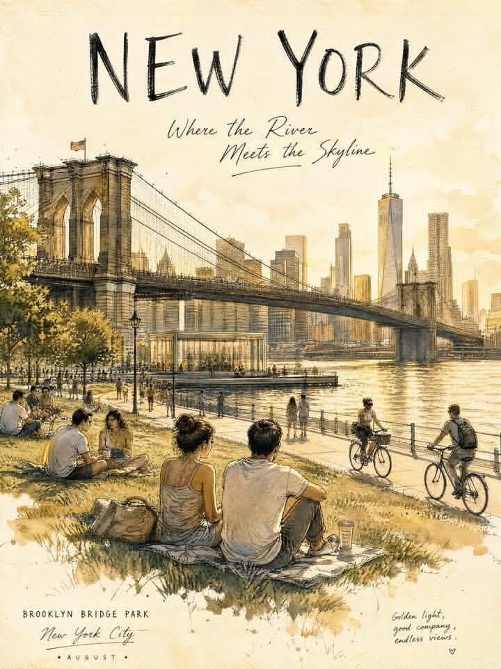 纽约中央公园八月午后城市写生海报 / New York Central Park August Urban Sketch Poster,海报与插画,海报、插画、城市视觉,案例输出图 1