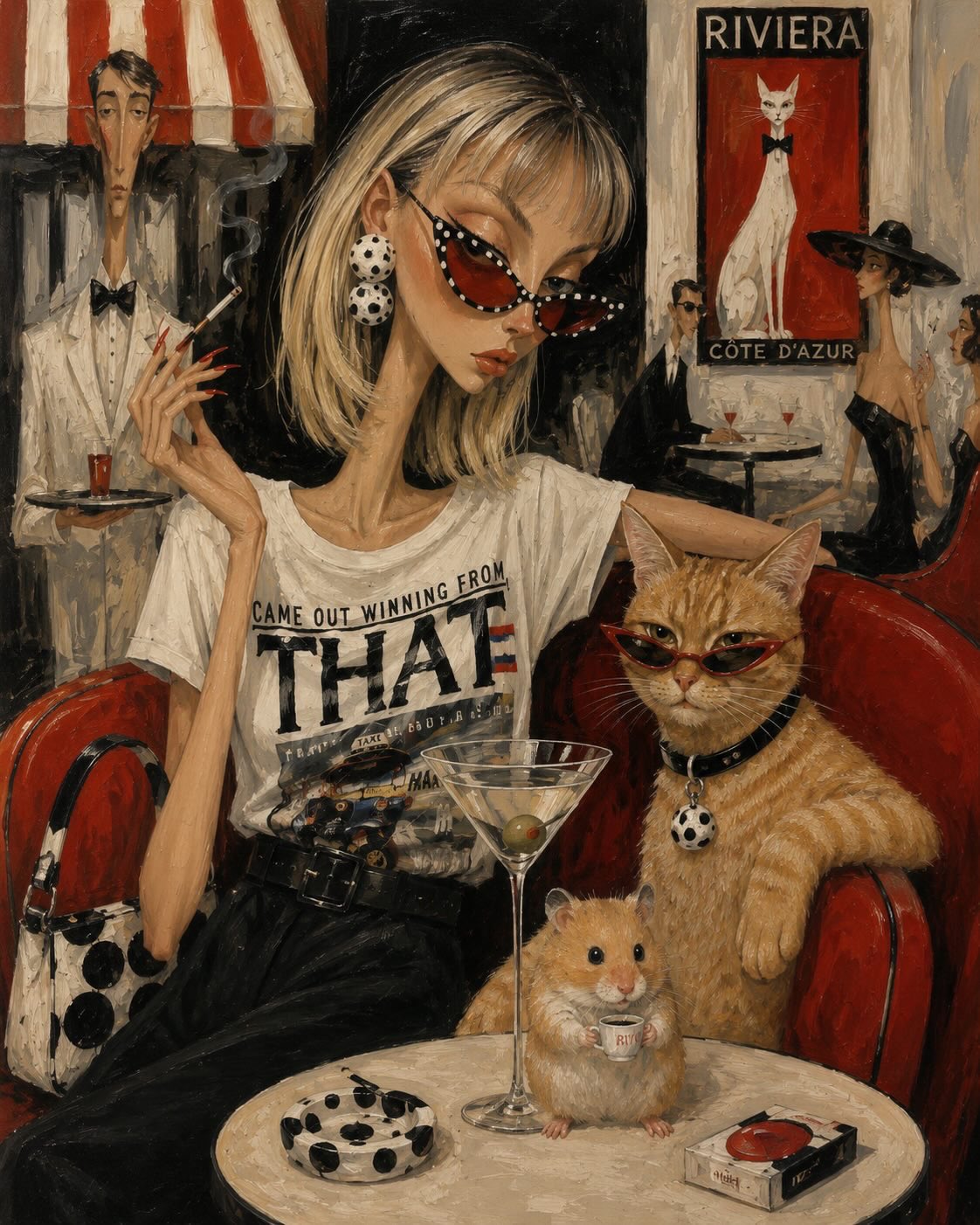 蔚蓝海岸咖啡馆的摩登女郎与墨镜橘猫 / Chic Fashionista Riviera Cat Oil Painting,角色设计,人像、电影感、时尚,案例输出图 1
