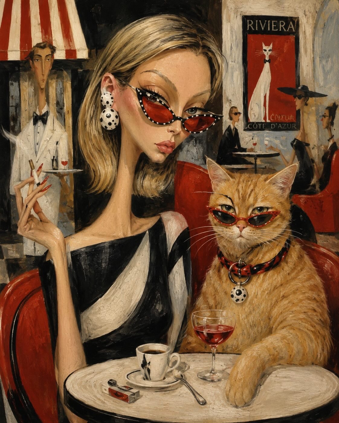 蔚蓝海岸咖啡馆的摩登女郎与墨镜橘猫 / Chic Fashionista Riviera Cat Oil Painting，角色设计，人像、电影感、时尚，案例输出图 2