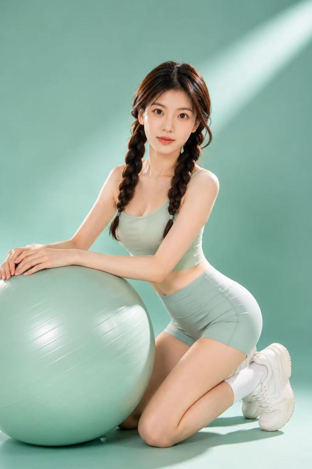 极简薄荷绿影棚健身时尚肖像 / Minimalist Mint Green Studio Fitness Portrait,角色设计,人像、时尚、角色,案例输出图 1